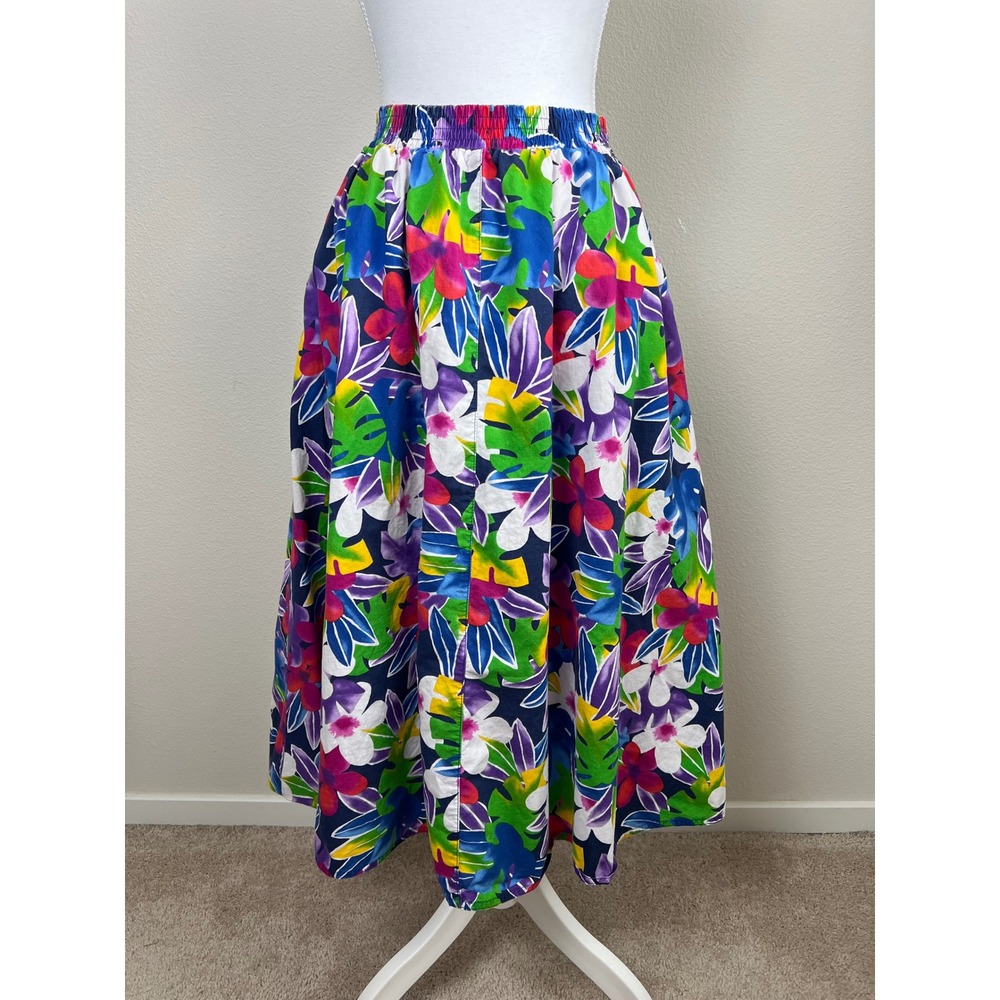 VTG Liz Sport Hawaiian Floral‎ Artsy Skirt Cotton Vacation Resort Pockets S